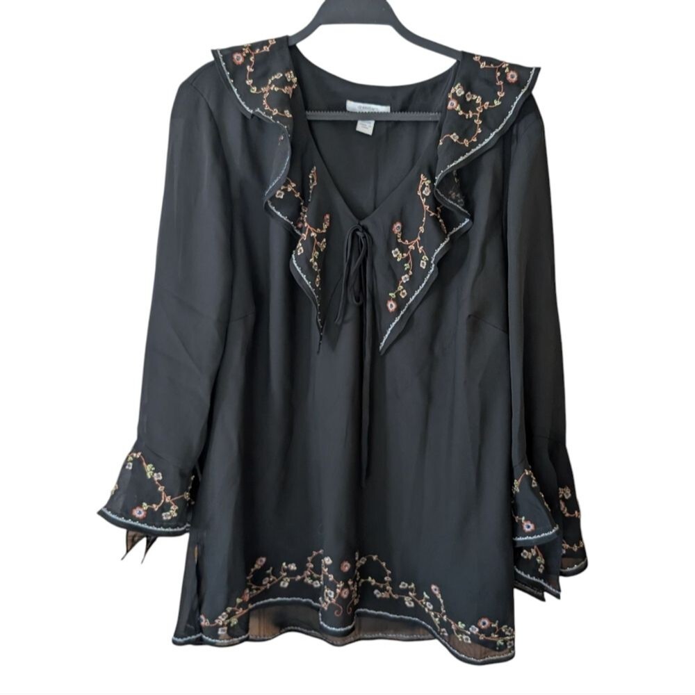 Vintage‎ Dressbarn Embroidered Ruffle Bow Bell Sleeve Bohemian Shirt Size 23/24